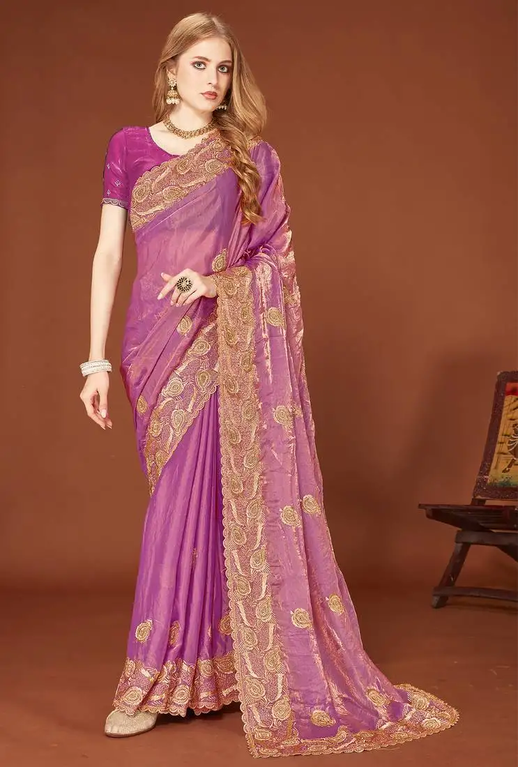 Pink sequin embroidered border fendy two tone silk saree sari