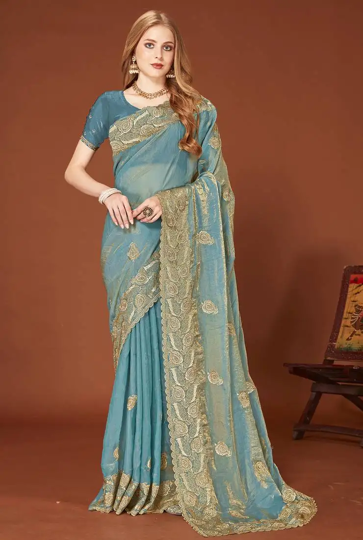 Turquoise sequin embroidered border fendy two tone silk saree sari