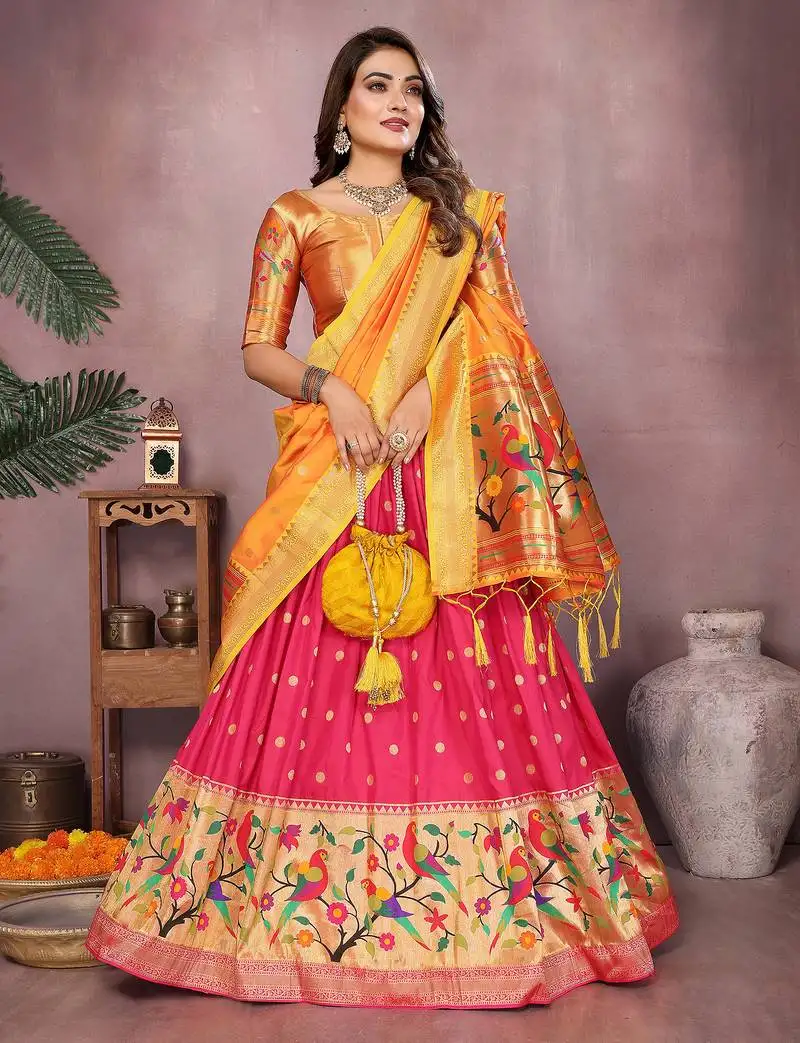 Pink jacquard silk zari weaving designer stitched paithani lehenga for women