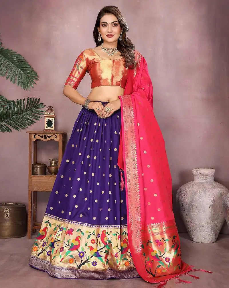 Violet jacquard silk zari weaving designer stitched paithani lehenga for women