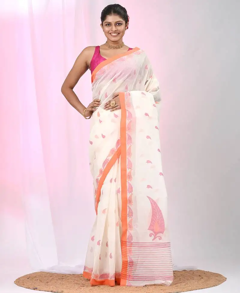 Elegant off white tant saree with leaf borders