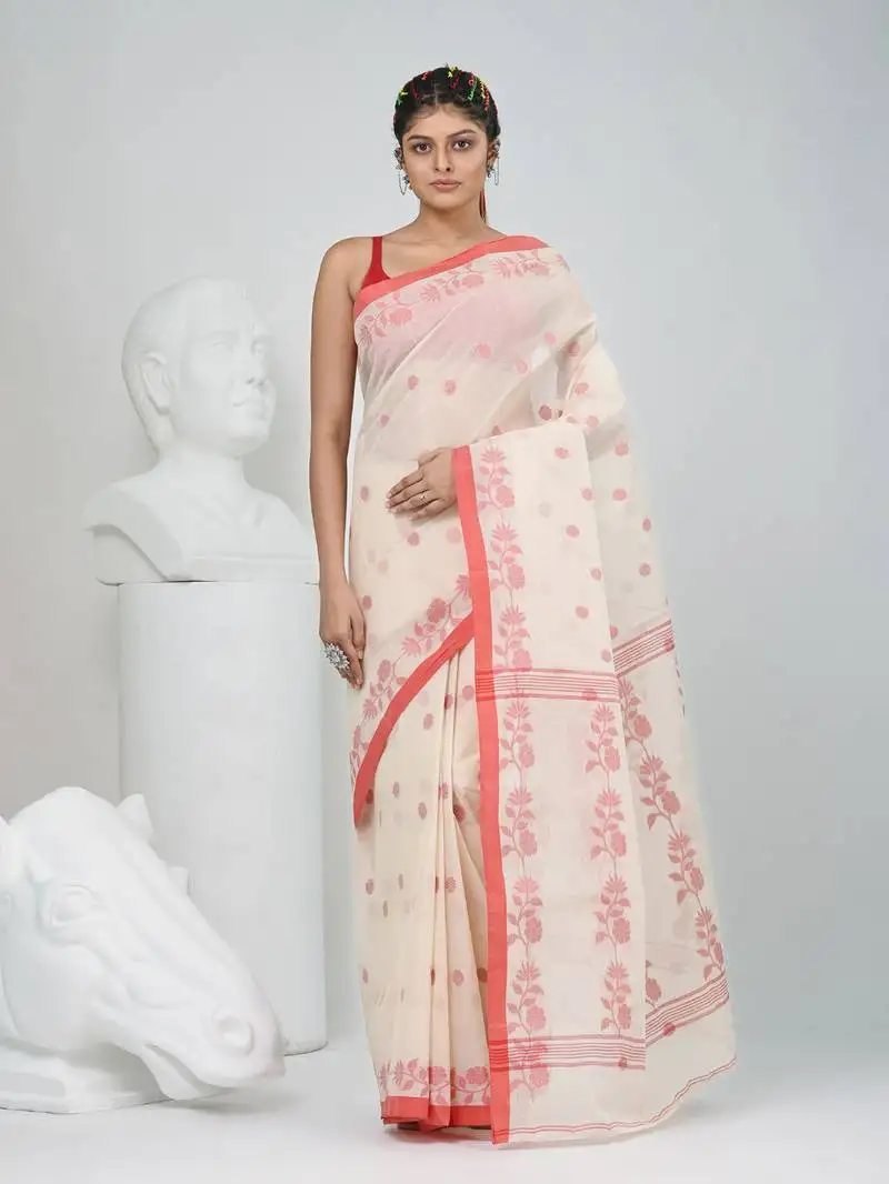 Elegant off-white & red handwoven tant cotton saree with floral motifs