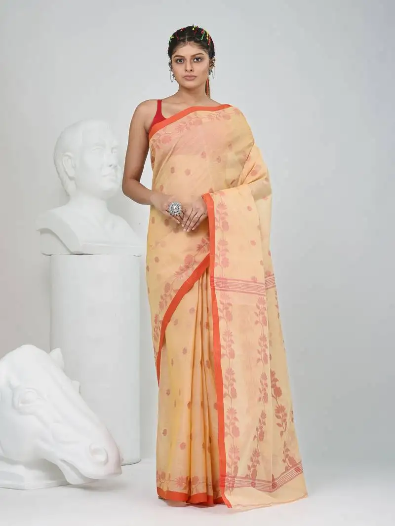 Elegant beige & red handwoven tant cotton saree with floral motifs