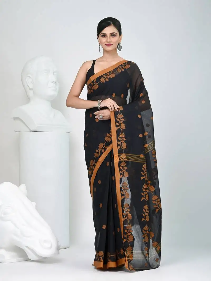 Classic black & mustard handwoven tant cotton saree with texture motifs