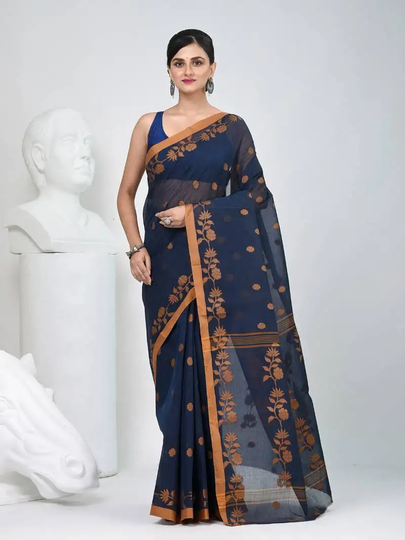 Classic navy blue & mustard handwoven tant cotton saree with texture motifs