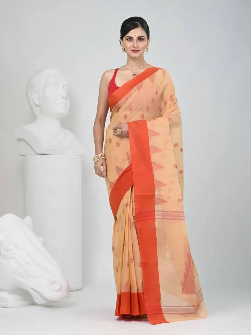 Elegant beige & red handwoven tant cotton saree with traditional motifs