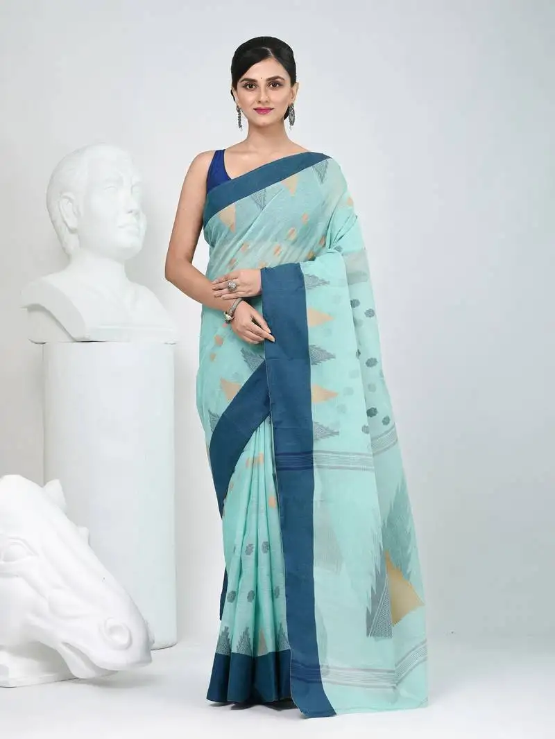 Elegant aqua blue & navy handwoven tant cotton saree with traditional motifs