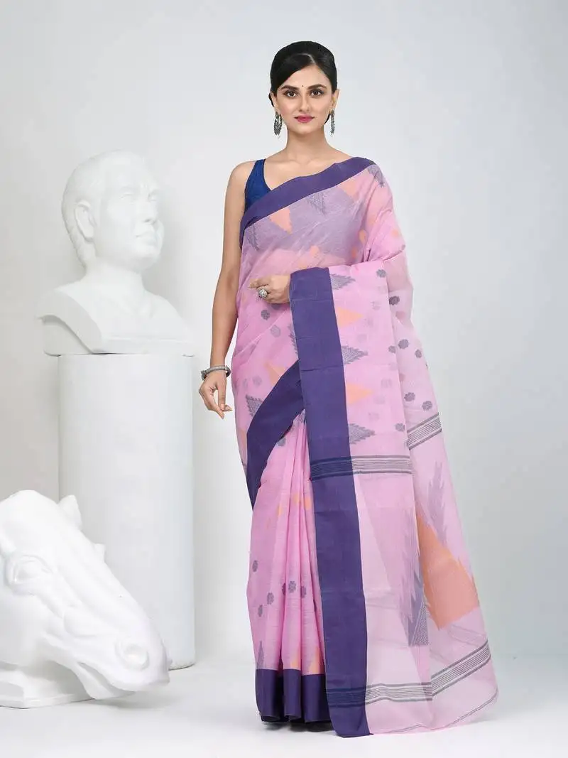 Graceful pink & purple handwoven tant cotton saree with traditional motifs