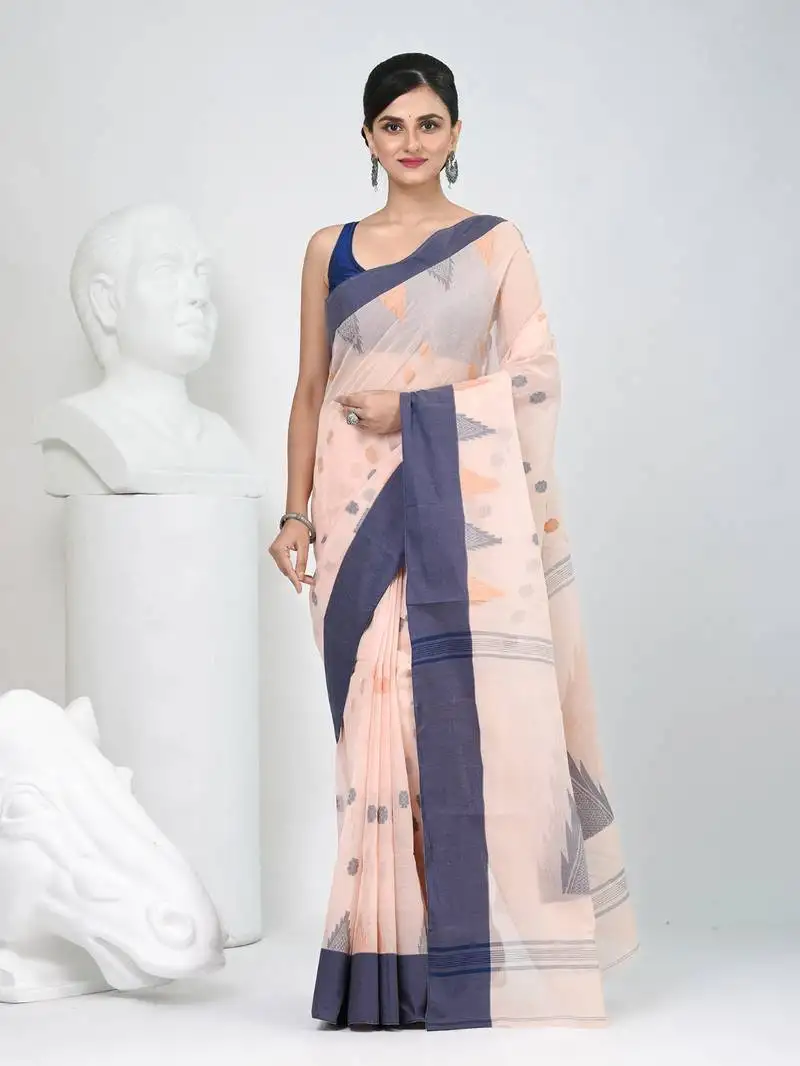 Elegant peach & grey handwoven tant cotton saree with traditional motifs