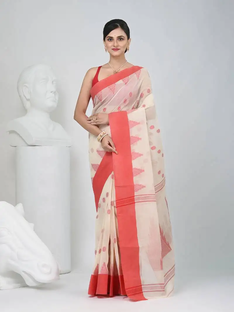 Elegant off white & red handwoven tant cotton saree with traditional motifs