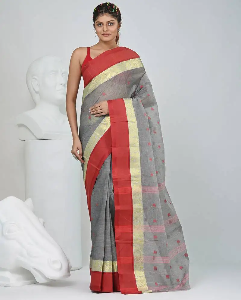 Stylish grey tant saree with red and gold border