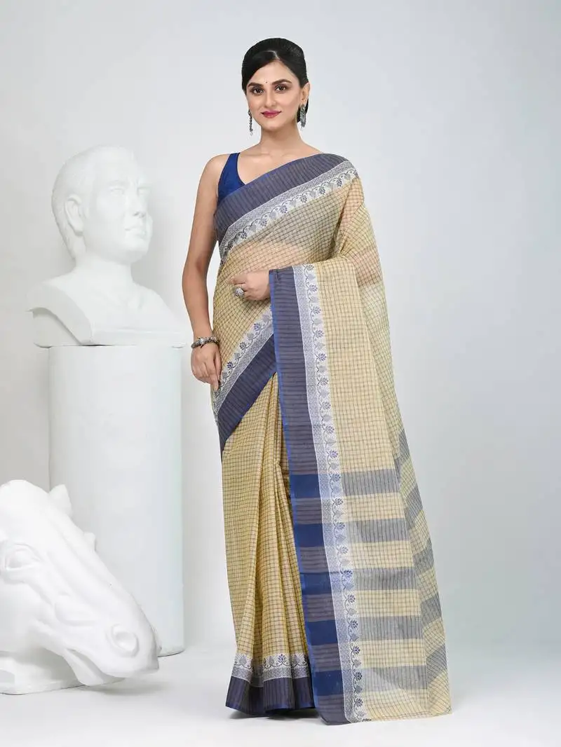 Elegant checked tant saree in beige and blue with intricate borders
