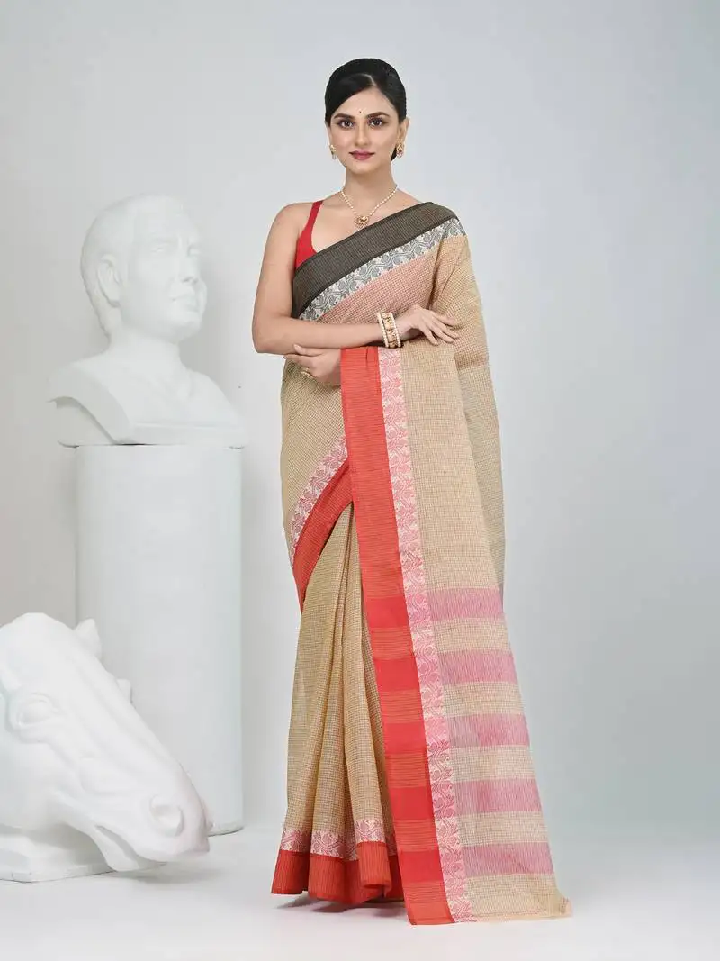 Elegant beige and red checked tant saree with contrast borders