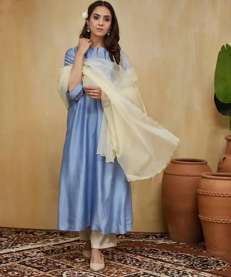 Pastel blue floral embroidered chanderi kurta set