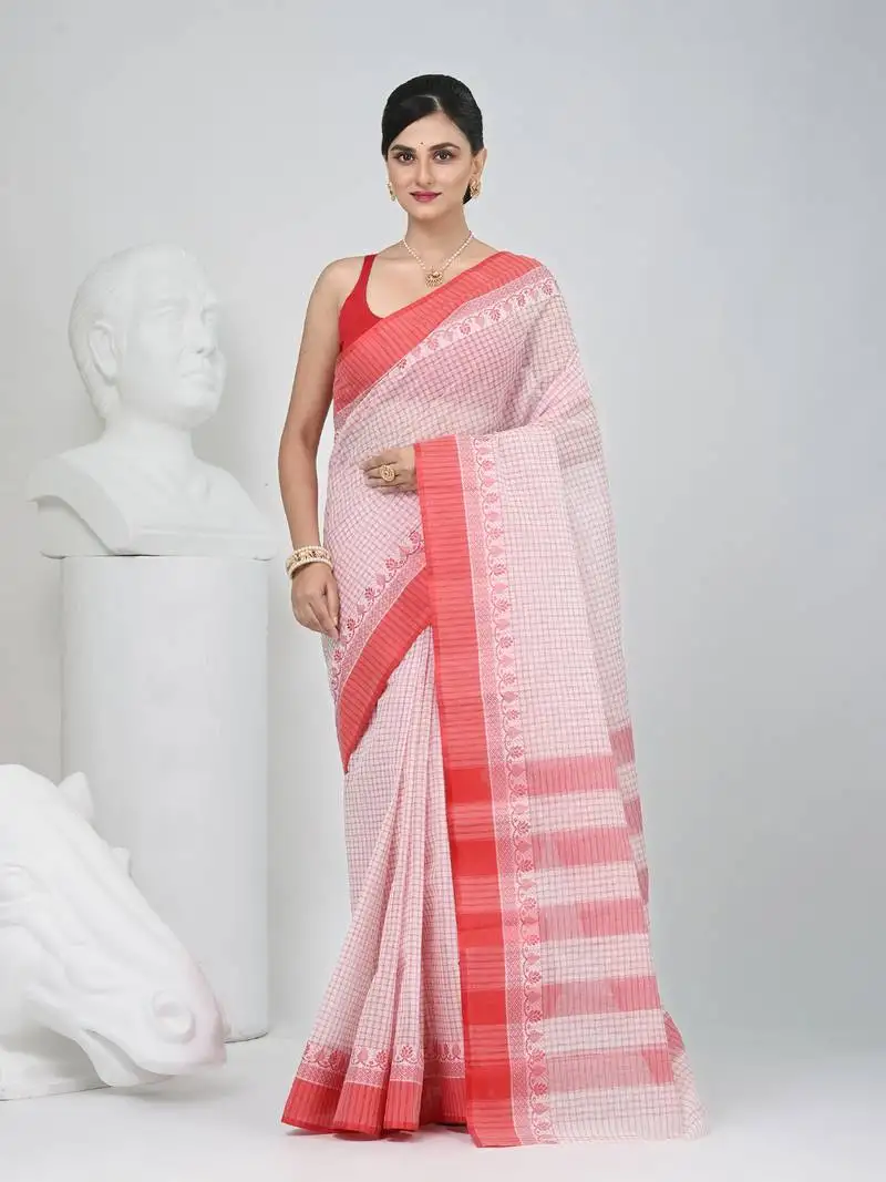 Elegant checked tant saree in white and red with intricate borders