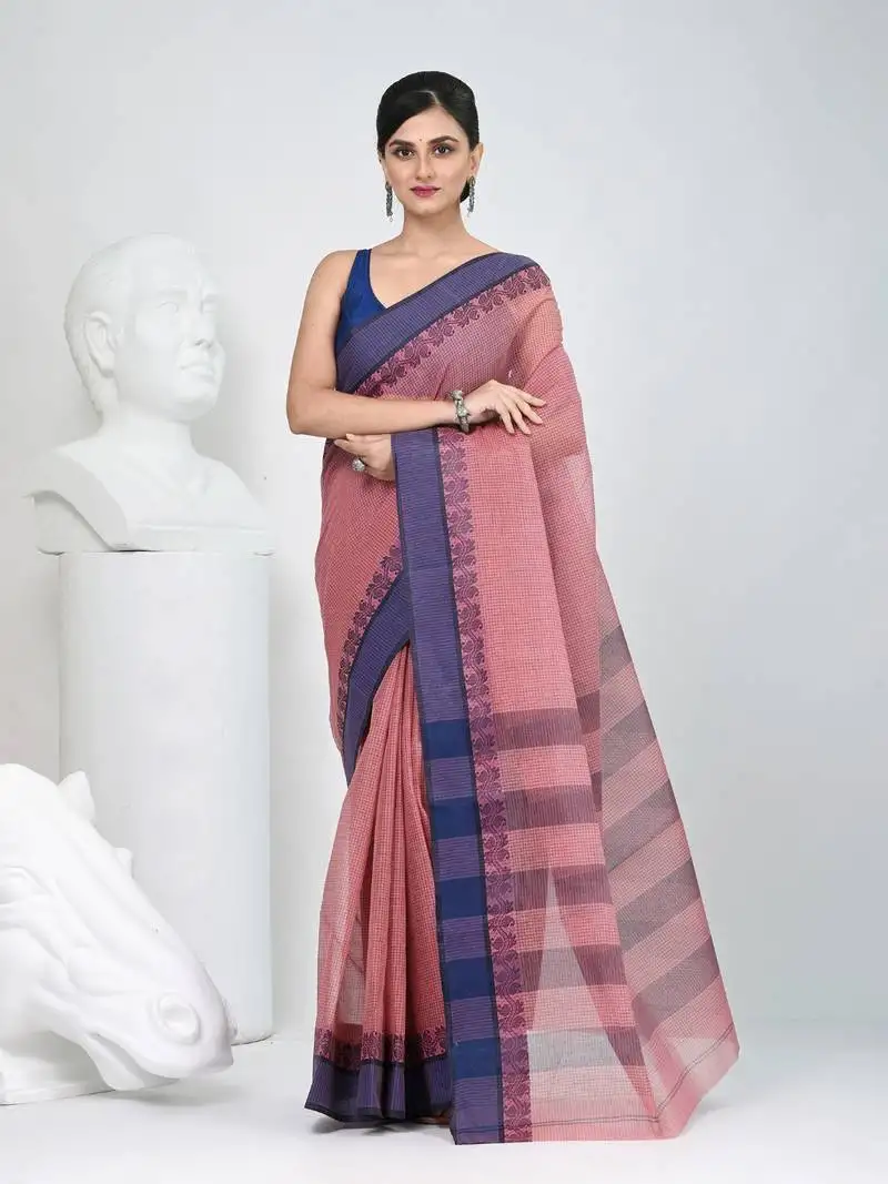 Elegant blush pink and navy blue striped tant saree with floral border