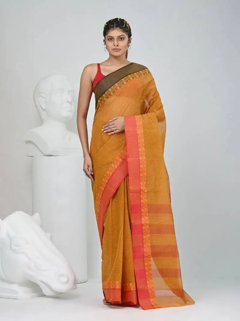 Elegant mustard and red checked tant saree with contrast borders