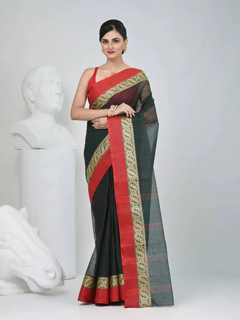 Classic bottle green and red striped tant saree with intricate borders