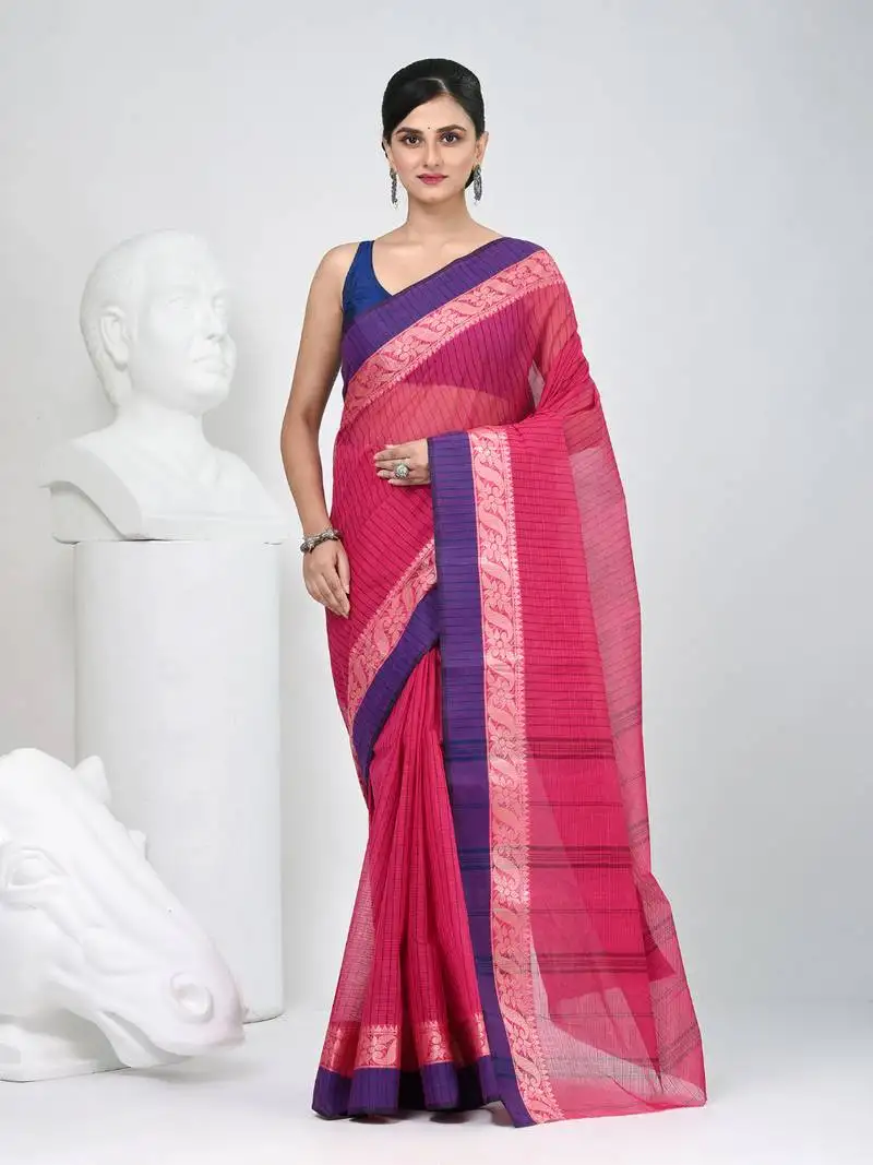 Classic rani pink and blue striped tant saree with intricate borders