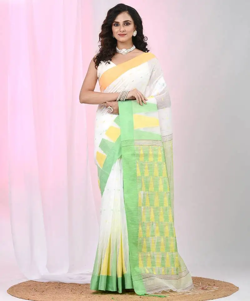 White handspun cotton saree with geometric motif and bright hues