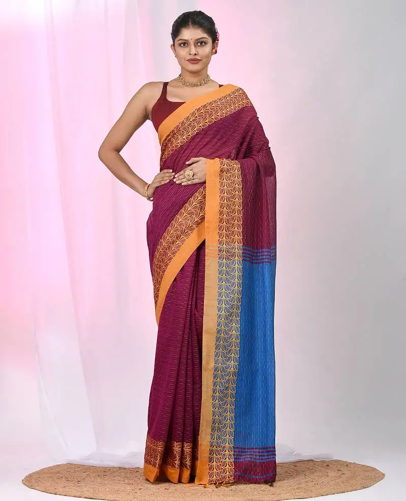 Burgundy and sapphire blue handspun cotton saree with vibrant borders