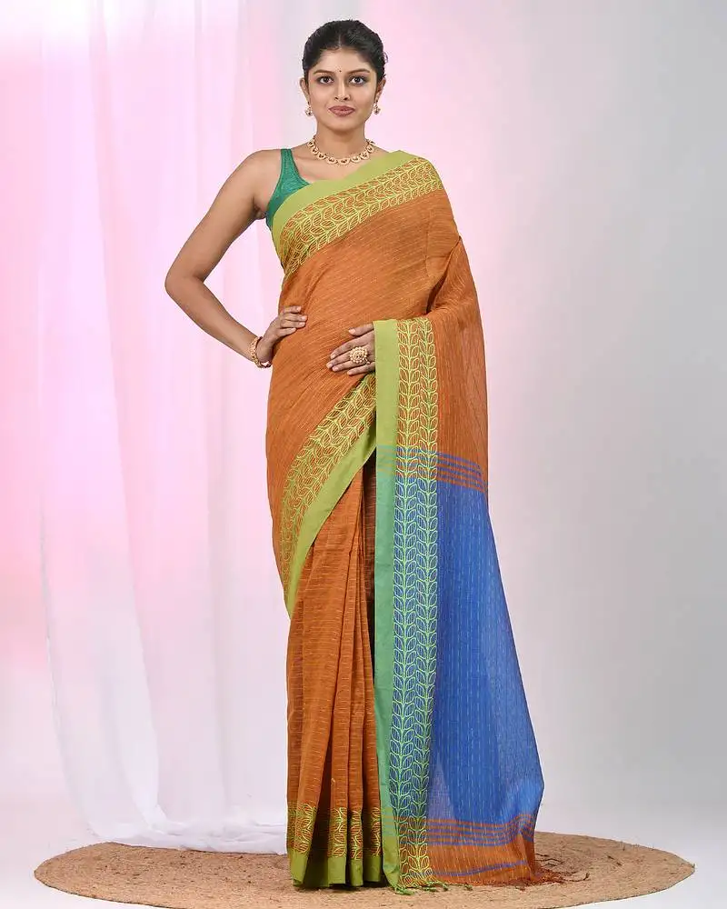 Orange and sky blue handspun cotton saree with vibrant borders