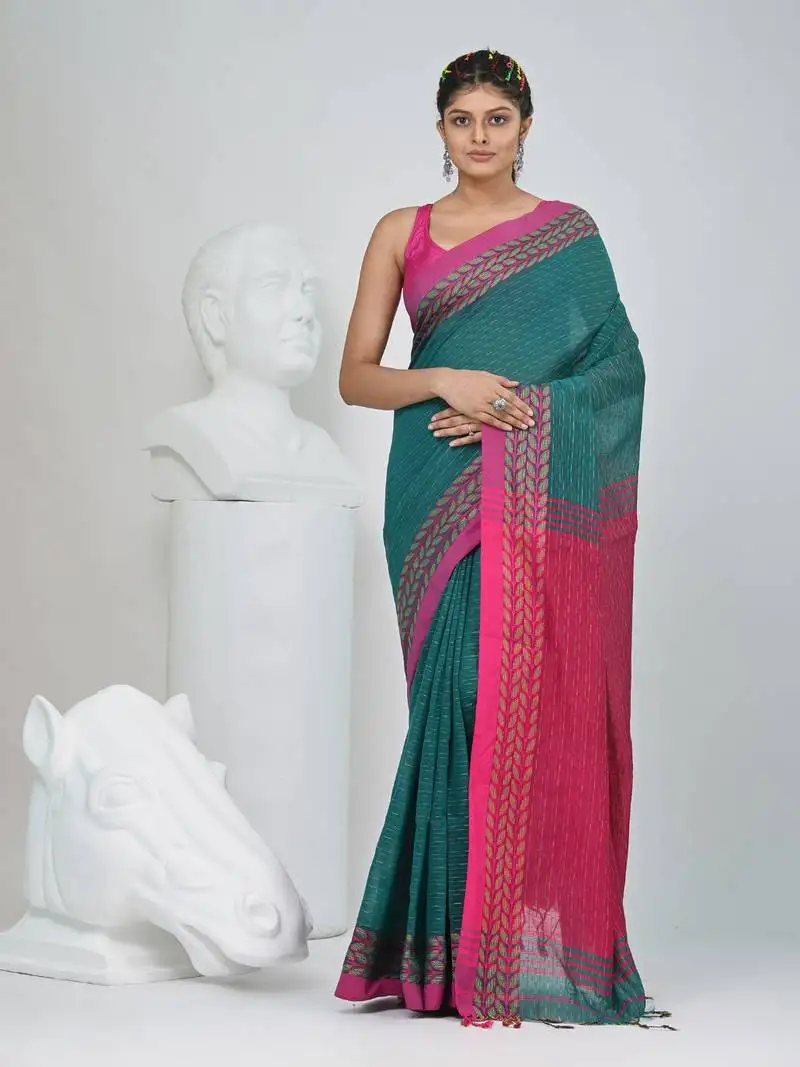 Teal and fuchsia handspun cotton saree with vibrant borders