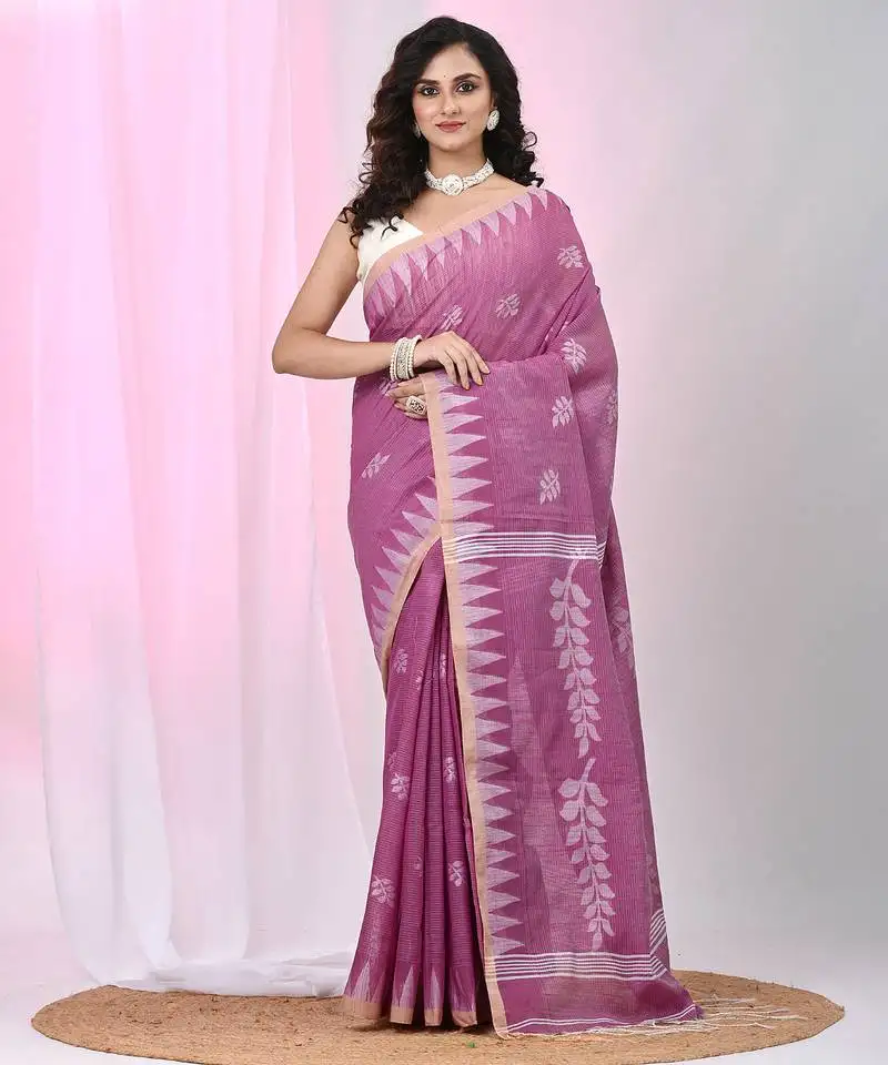 Handspun cotton saree in purple with leaf and geometric patterns