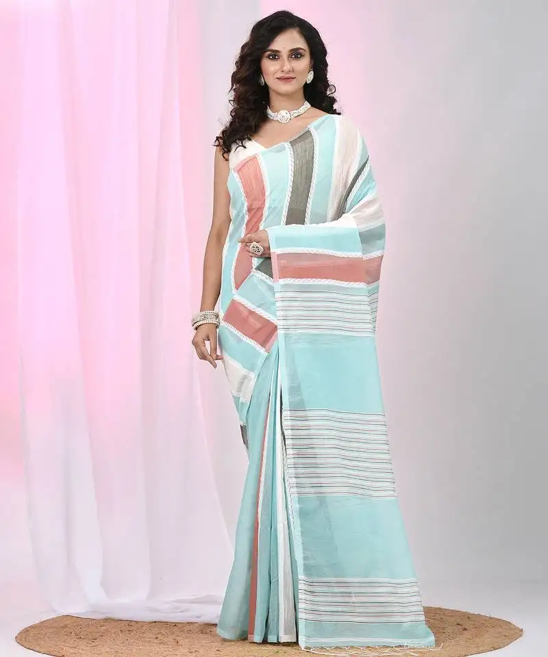 Handspun cotton saree in aqua blue with pastel stripes