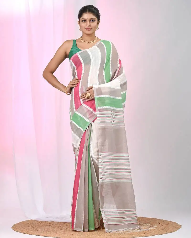Handspun cotton saree with bold stripes in beige, green, and red