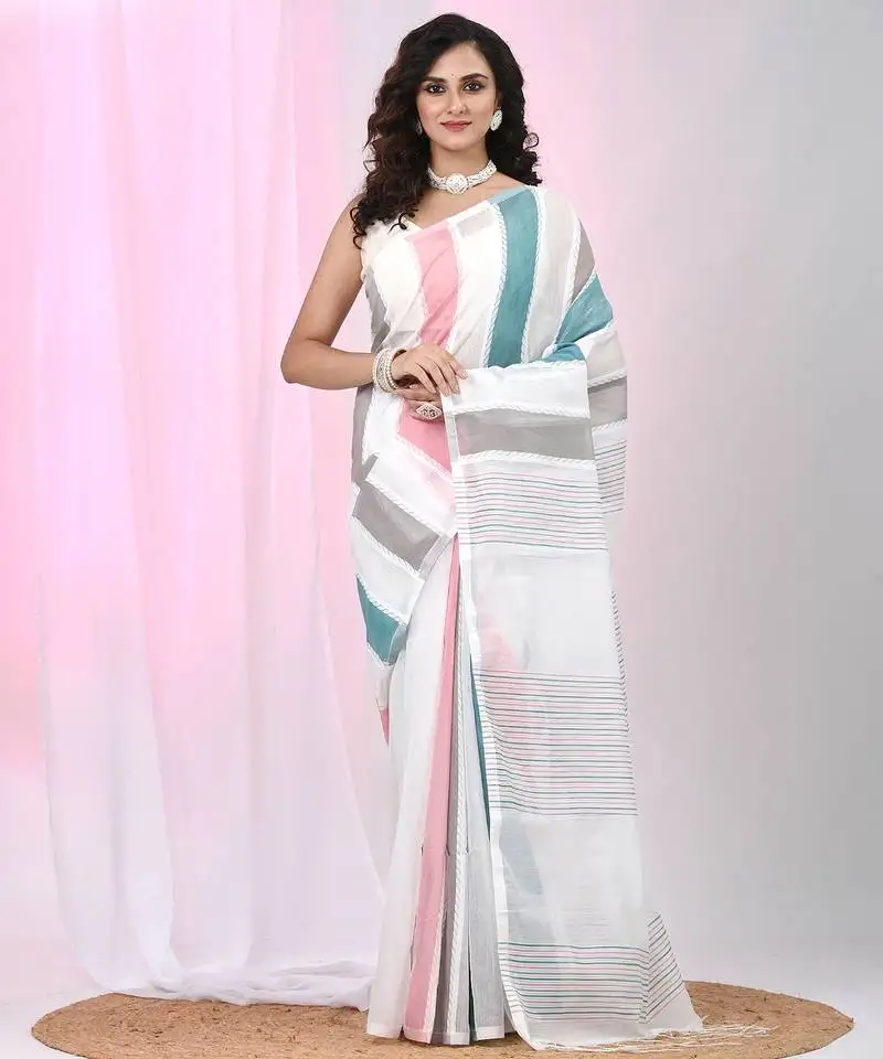 White handspun cotton saree with abstract stripes in pastel shades