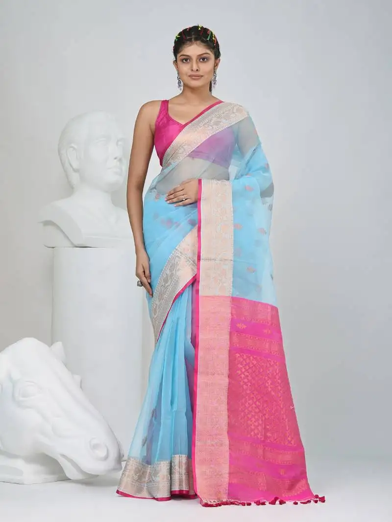 Elegant sky blue and pink resham saree with zari border