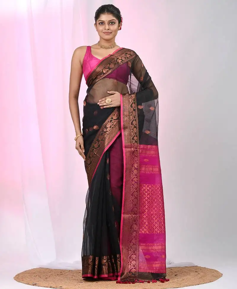 Elegant black and magenta resham saree with zari border