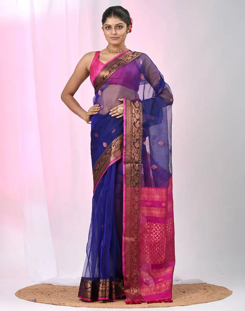 Elegant blue and fuchsia resham saree with zari border