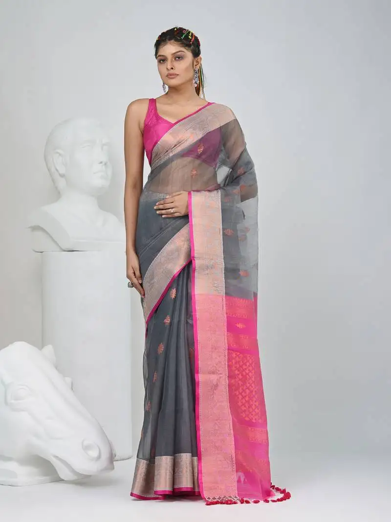 Elegant grey and pink resham saree with zari border