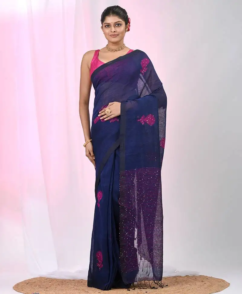 Elegant navy blue linen saree with floral embroidery