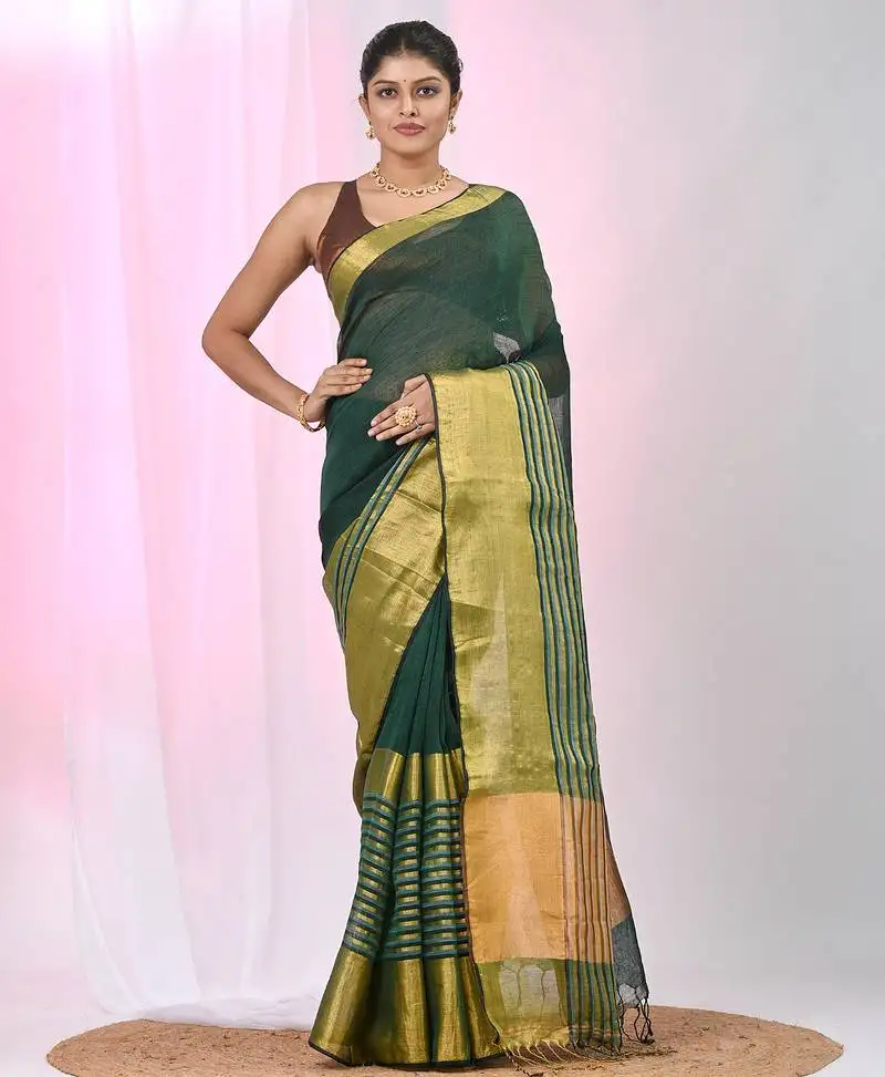 Elegant green and gold linen saree with striped borders