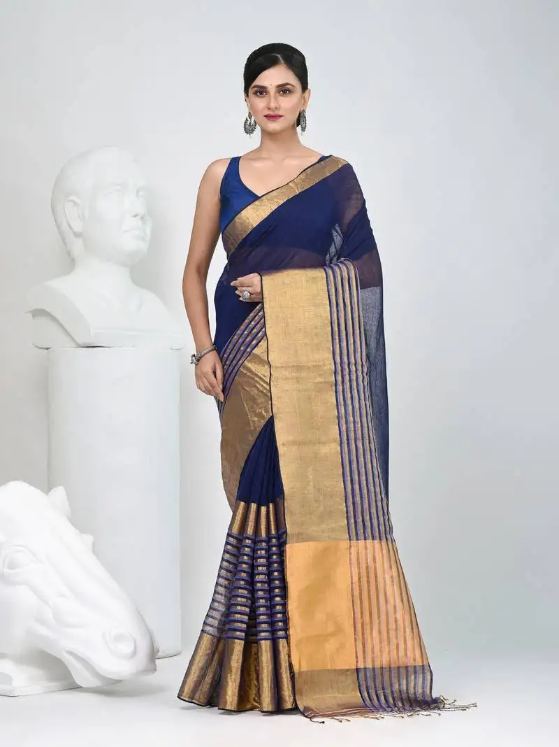 Elegant blue and gold linen saree with striped borders