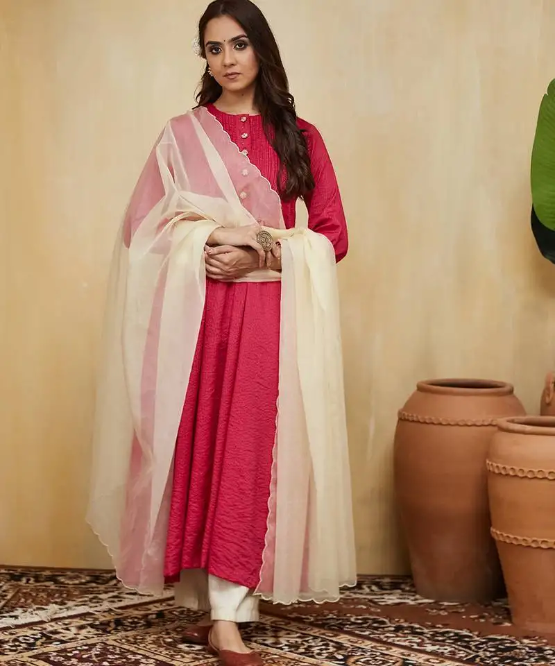 Pink plain cotton stripe with tassels kurta set