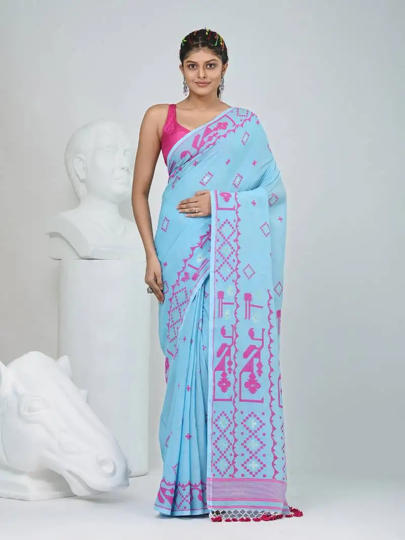 Sky blue cotton saree with traditional woven patterns and tassel border