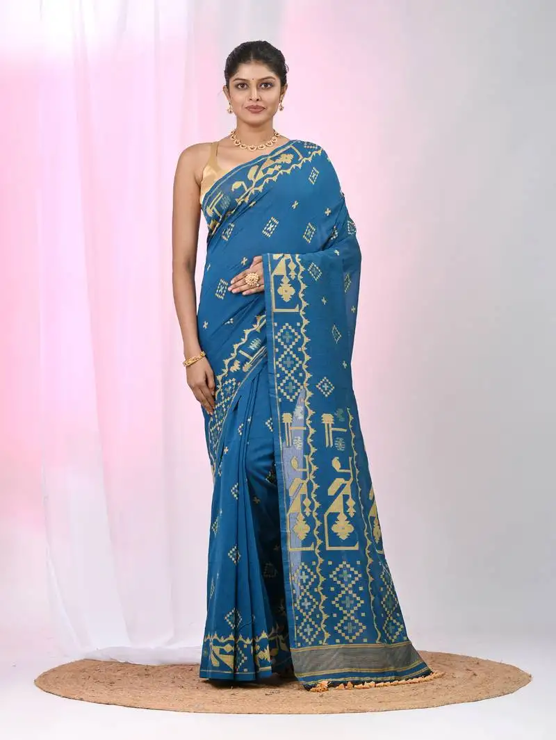 Sapphire blue cotton saree with traditional woven patterns and tassel border