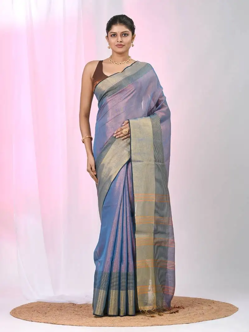 Elegant blue tissue saree with contrasting golden border