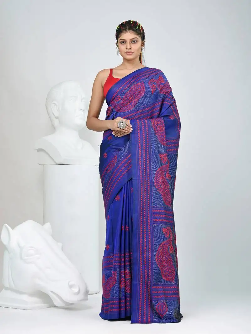 Vibrant blue bangalore silk kantha stitch saree with red ethnic motif