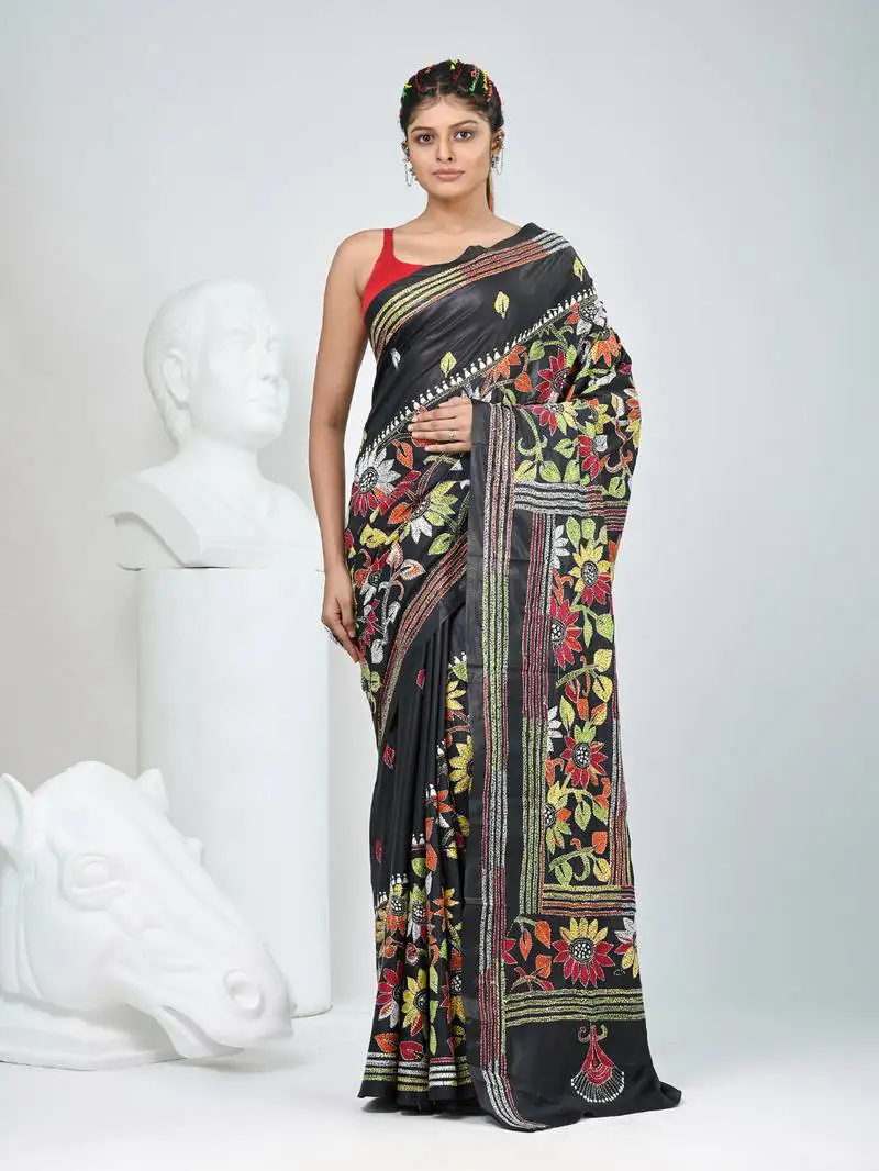 Black silk blend kantha work saree with durga motif and floral thread work