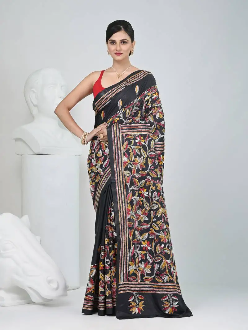 Black silk blend kantha stitch saree with multicolor thread work