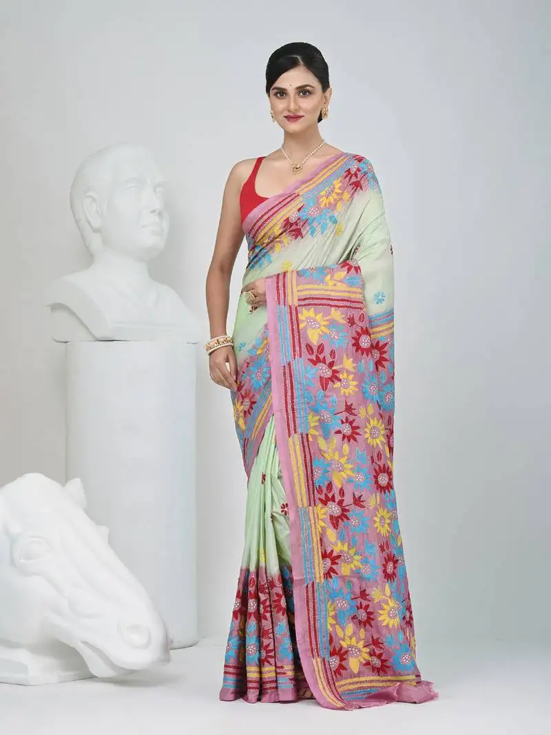 Elegant pistachio green and pink silk blend kantha stitch saree with floral motif