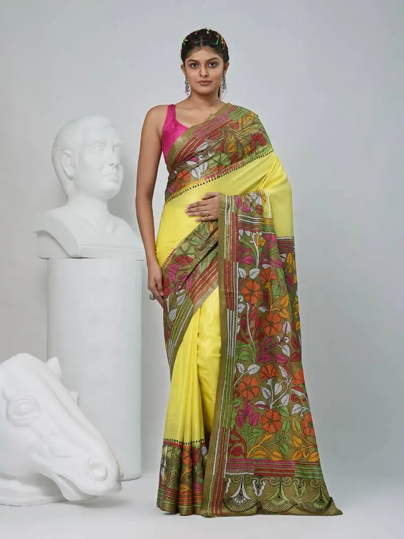 Elegant yellow and green silk blend kantha stitch saree with floral motif