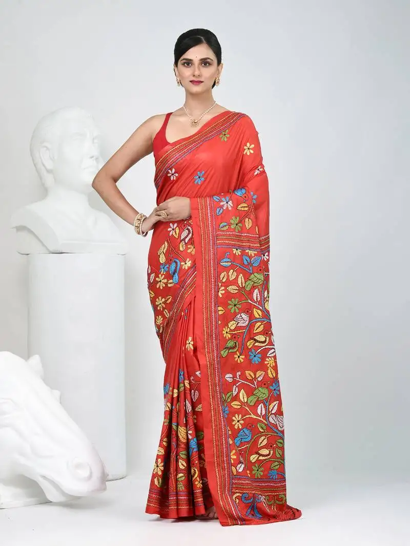 Red silk blend kantha stitch saree with multicolor thread work
