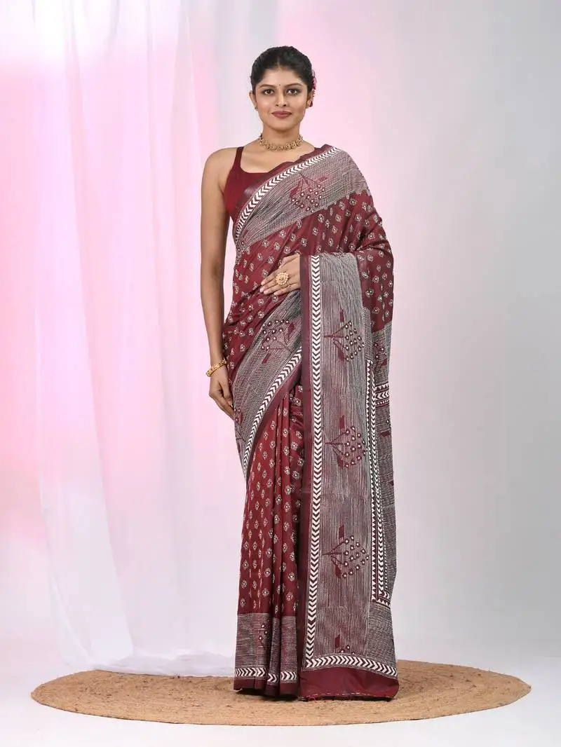 Maroon silk blend kantha stitch saree with geometric & floral thread work
