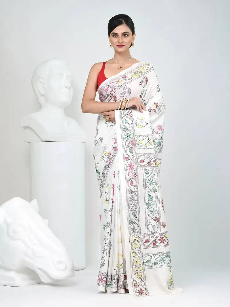 White silk blend kantha stitch saree with multicolor thread work